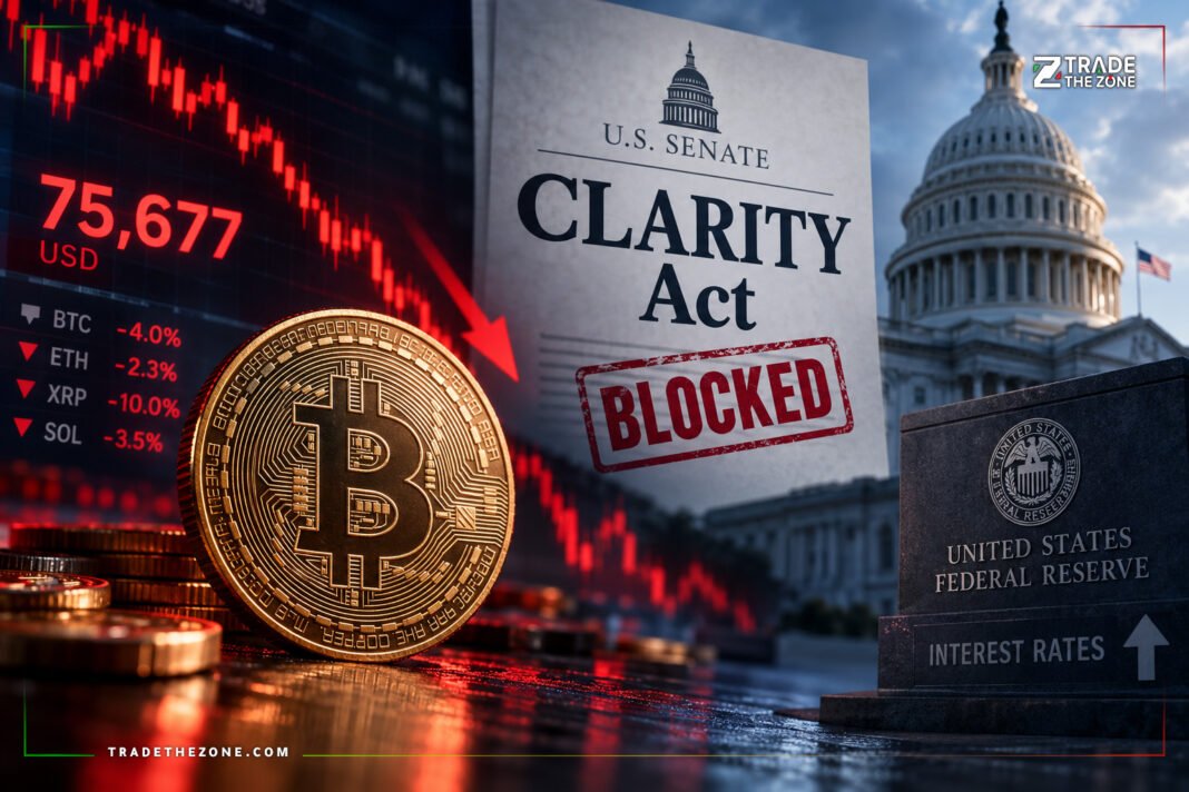 bitcoin-clarity-act-fed-rate-decision-2026 بيتكوين تهبط دون 76 ألف دولار بعد تعثر قانون CLARITY وترقب الفيدرالي
